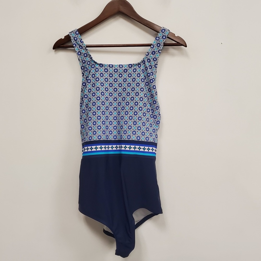Lands End‎ Womens Square Neck One Piece Swim Suit Size L Blue Meditteranean Sea